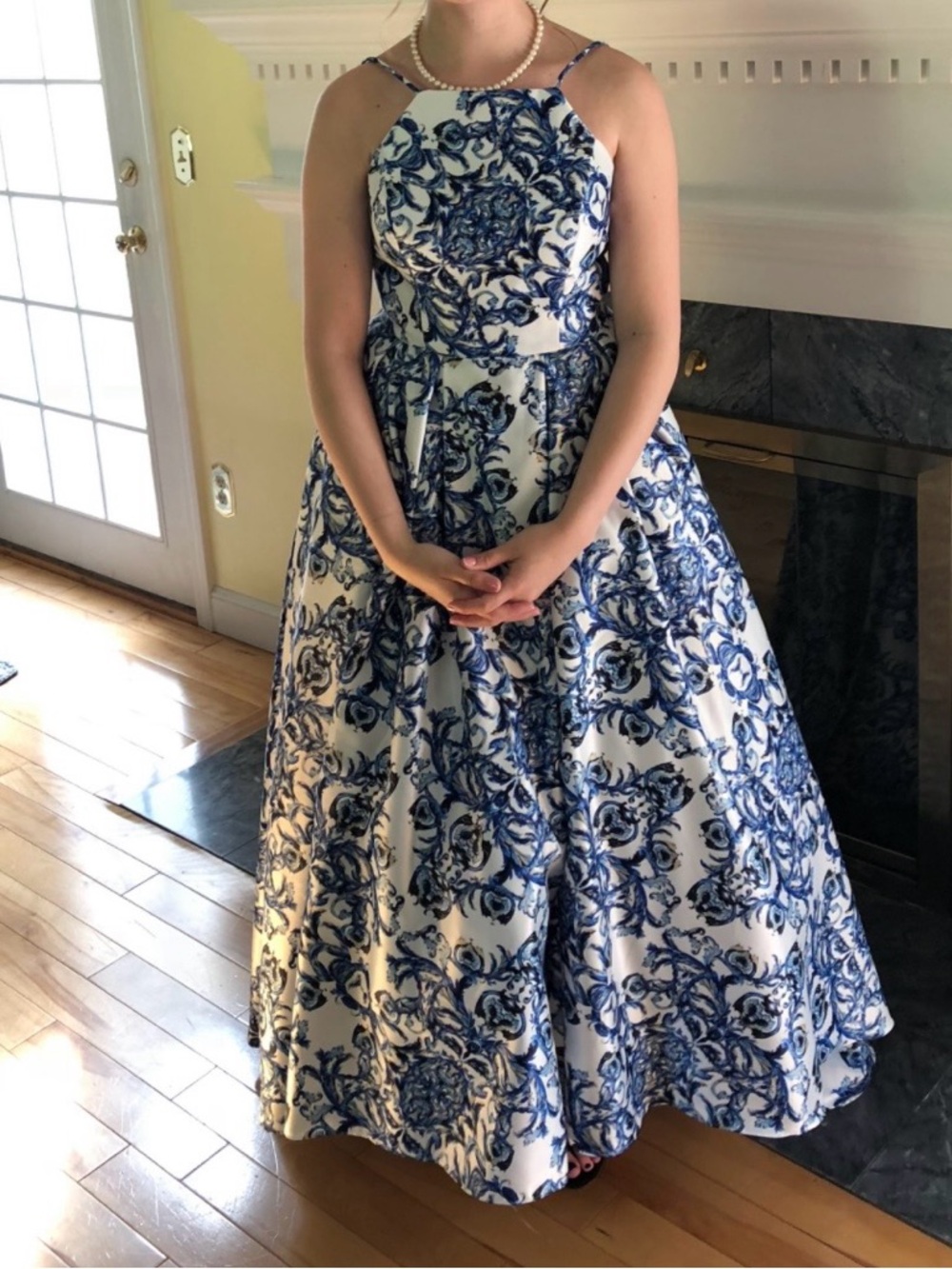 Blue and White Floral Halter Prom Dress